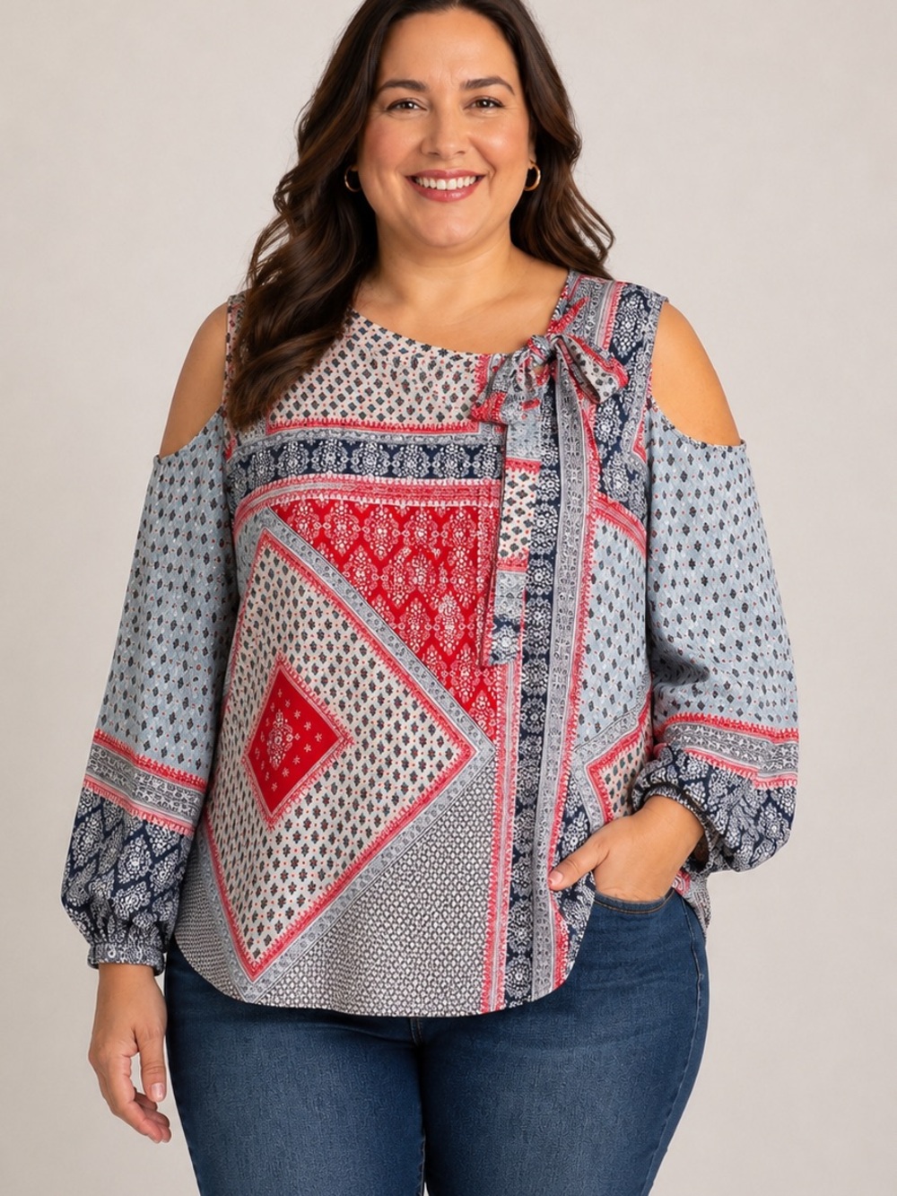 Chico's Bandana Patchwork Picnic Cold Shoulder Blouse Tie Neck XXL
